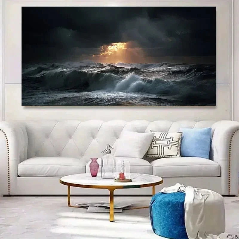 Dramatic Ocean Scene with Dark Wall Art Canvas Office Home Room Framed 120x60cm