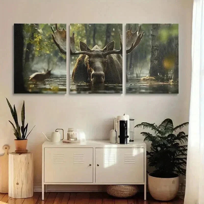 3pcs Moose in the Sunlit Lush Greenery Woods Wall Art Set Canvas Framed 40x60cm - High Quality Print 100% Australian Made Wall Canvas Ready to Hang
