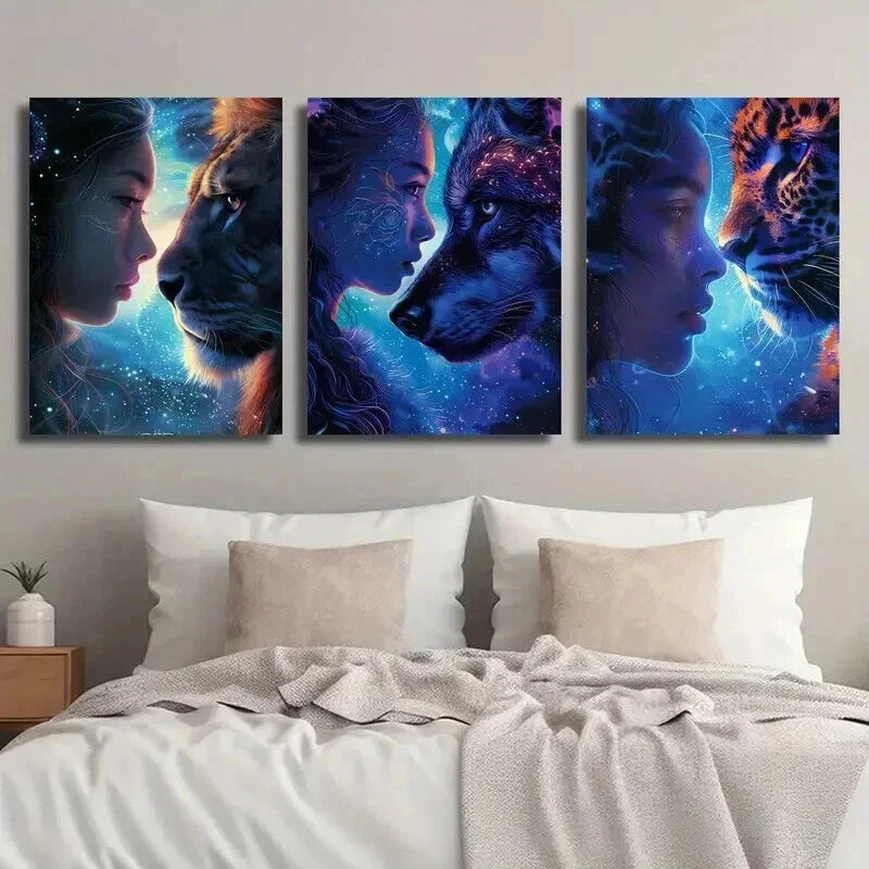 3pcs Galaxy-Themed with Lions Wolves Cheetahs Wall Art Set Canvas Framed 40x60cm - High Quality Print 100% Australian Made Wall Canvas Ready to Hang