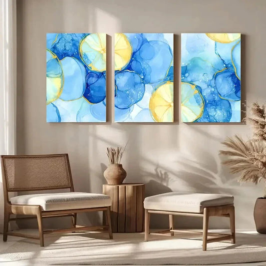 3pcs Light Blue Liquid Ink Modern Abstract Metal Print Ready to Hang Art