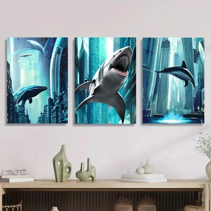 3pcs Cyberpunk Sea Creatures, Sharks in The City Metal Print Ready to Hang Art