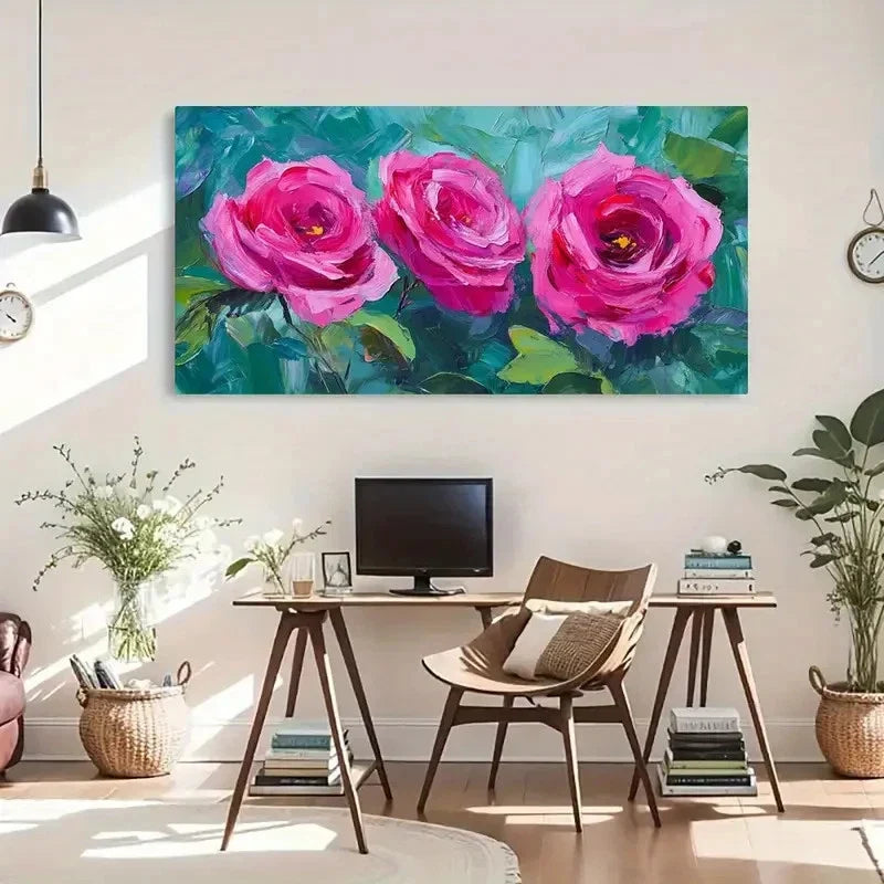 Vibrant Pink Roses Green Décor Wall Art Canvas Office Home Room Framed 120x60cm