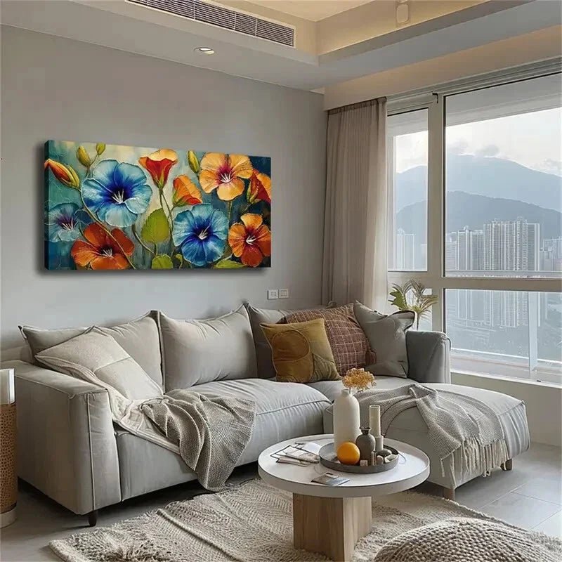 Vibrant Floral Blue-Green Field Wall Art Canvas Office Home Room Framed 120x60cm