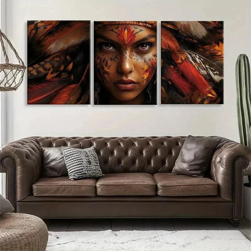 3pcs Indigenous Warrior Woman Beauty Prefect Wall Art Set Canvas Framed 40x60cm - High Quality Print 100% Australian Made Wall Canvas Ready to Hang