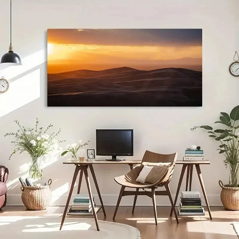 Sunset Over Sand Dunes Nature Wall Art Canvas Office Home Room Framed 120x60cm