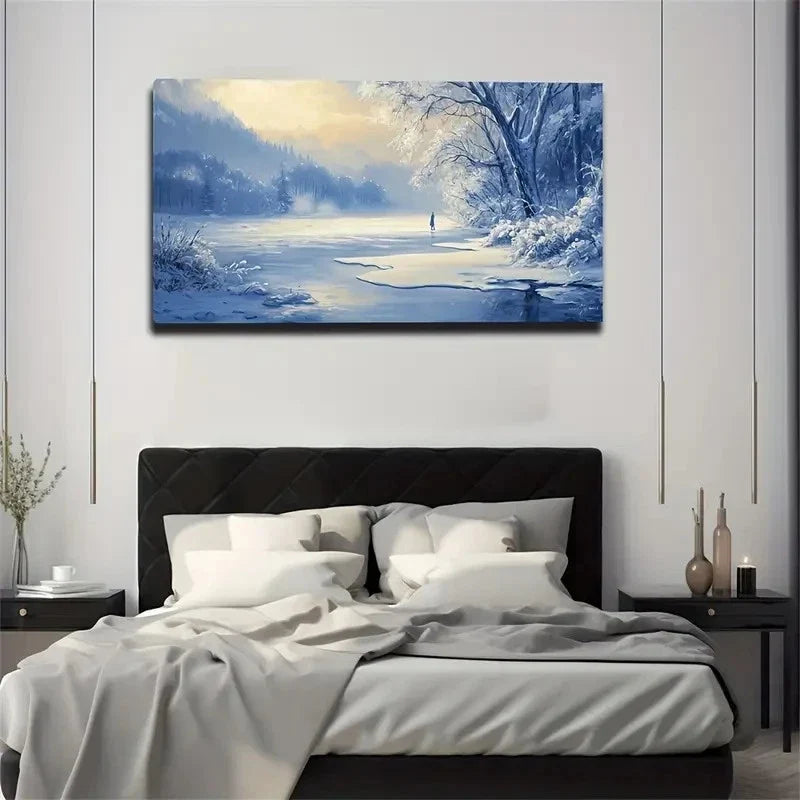 Winter River Serene Snowy Wall Art Canvas Office Home Room Framed 120x60cm