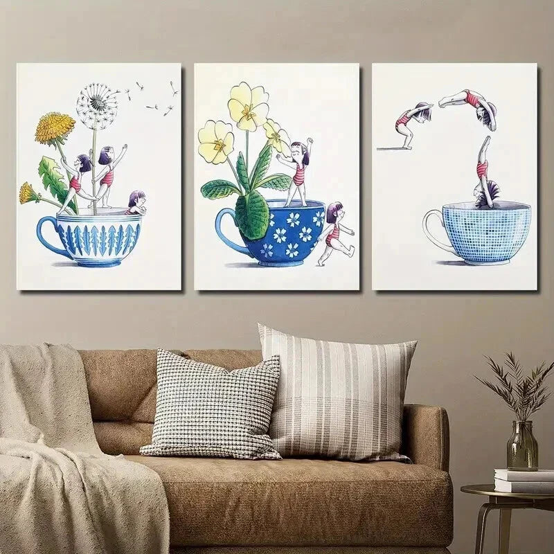 3pcs Floral And Human Painting on Cups Prints Wall Art Set Canvas Framed 40x60cm - High Quality Print 100% Australian Made Wall Canvas Ready to Hang