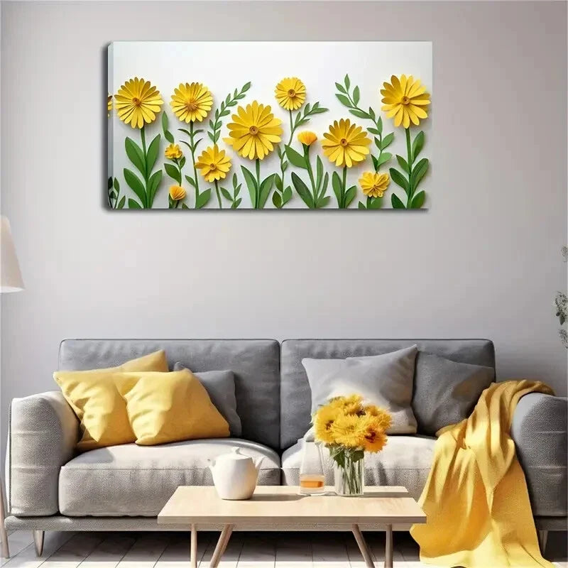 Yellow Floral Green Leaves Wall Art Canvas Office Home Room Framed 120x60cm