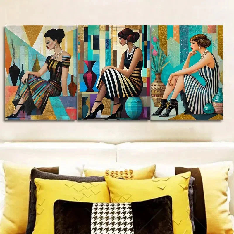 3pcs Retro fashion girl, Art Painting Metal Print Ready to Hang Art