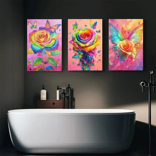 3pcs Vibrant Rose Butterfly Colorful Whimsical Metal Print Ready to Hang Art