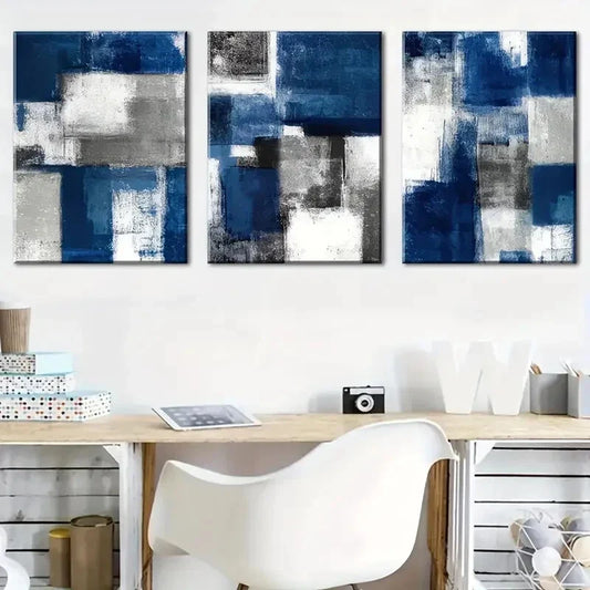 3pcs Abstract Blue Geometric White Black & Silver Metal Print Ready to Hang Art