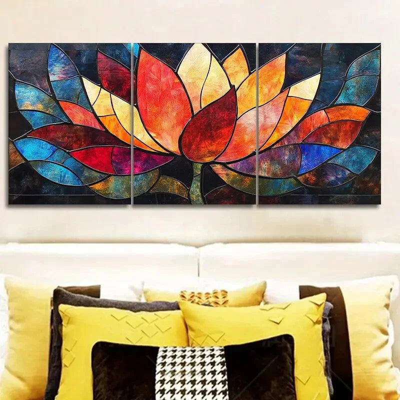 3pcs Vibrant Stained Glass Lotus Flower, Metal Print Ready to Hang Art