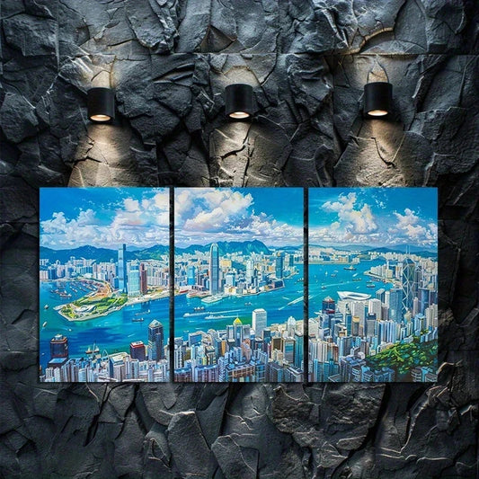 3pcs Abstract White Clouds Blue Sky Buildings Metal Print Ready to Hang Art