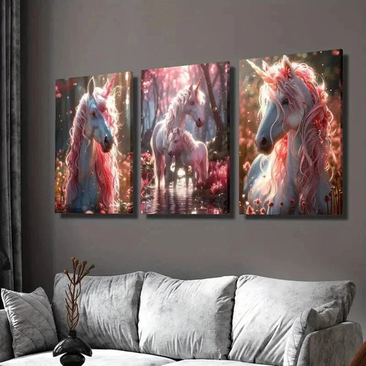 3pcs Pink Hair Unicorn Fantasy Illustration Wall Art Set Canvas Framed 40x60cm - High Quality Print 100% Australian Made Wall Canvas Ready to Hang
