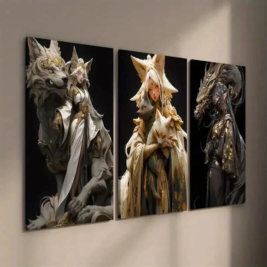 3pcs Anime Fantasy Golden Female Characters Wall Art Set Canvas Framed 40x60cm - High Quality Print 100% Australian Made Wall Canvas Ready to Hang