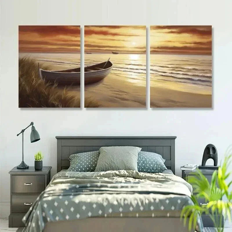 3pcs Ocean Seascape with Boat at Sunset Wall Art Set Canvas Framed 40x60cm - High Quality Print 100% Australian Made Wall Canvas Ready to Hang