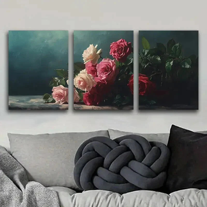 3pcs Oil painting pink and white rose Metal Print Ready to Hang Art