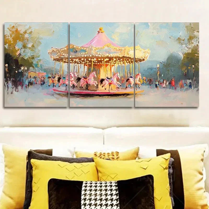 3pcs s The pink carousel Art Painting Metal Print Ready to Hang Art
