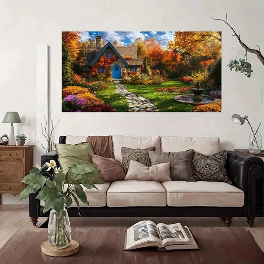 Nature House Autumn Wall Art Canvas Office Home Room Framed 80x45cm