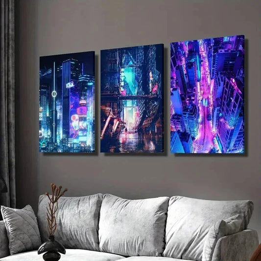 3pcs Vibrant Neon Futuristic Skylines Wall Art Set Canvas Framed 40x60cm - High Quality Print 100% Australian Made Wall Canvas Ready to Hang