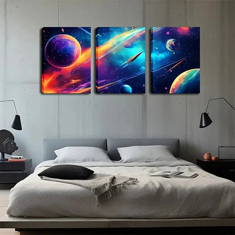 3pcs Unique Colorful Outer Space World Abstract  Wall Art Set Canvas Framed 40x60cm - High Quality Print 100% Australian Made Wall Canvas Ready to Hang