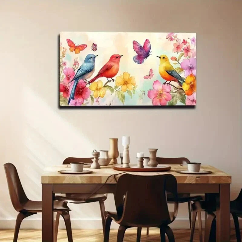 Three Colorful Birds Flowering Wall Art Canvas Office Home Room Framed 120x60cm