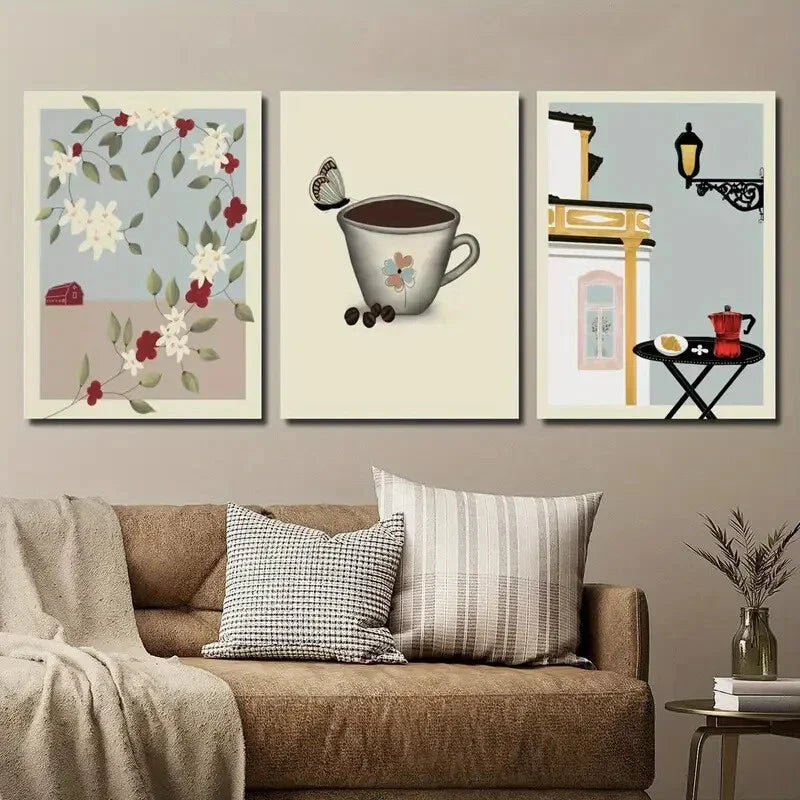 3pcs Coffee Butterfly Tree Botanical Flower Wall Art Set Canvas Framed 40x60cm - High Quality Print 100% Australian Made Wall Canvas Ready to Hang