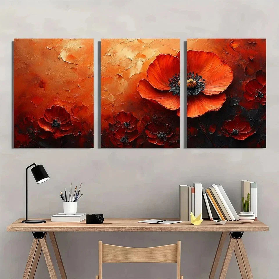 3pcs Vibrant Poppy Flower Modern Floral Metal Print Ready to Hang Art
