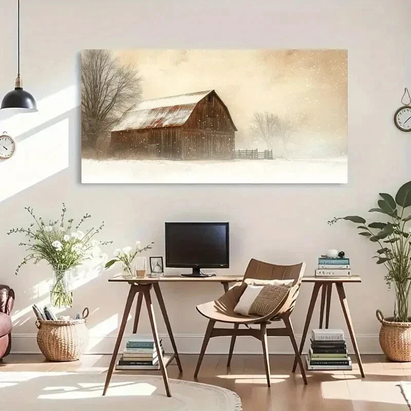 Rustic Barn Snow Cover Wall Art Canvas Office Home Room Framed 120x60cm