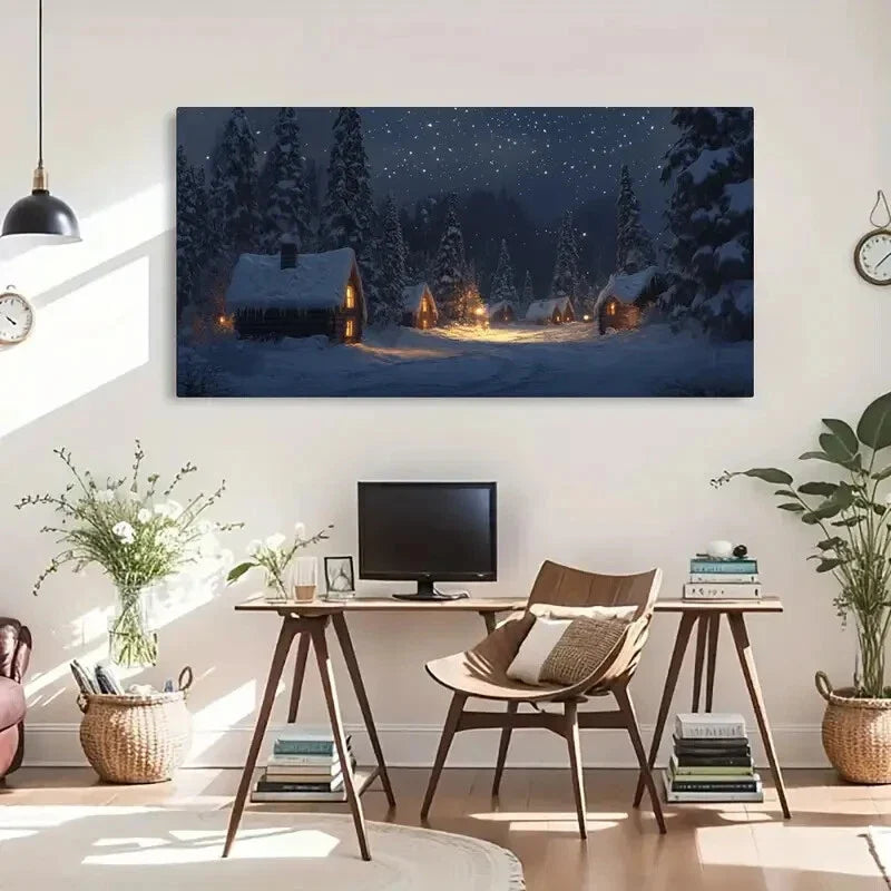 Snowy Cabin Scene Warm Light Wall Art Canvas Office Home Room Framed 80x45cm