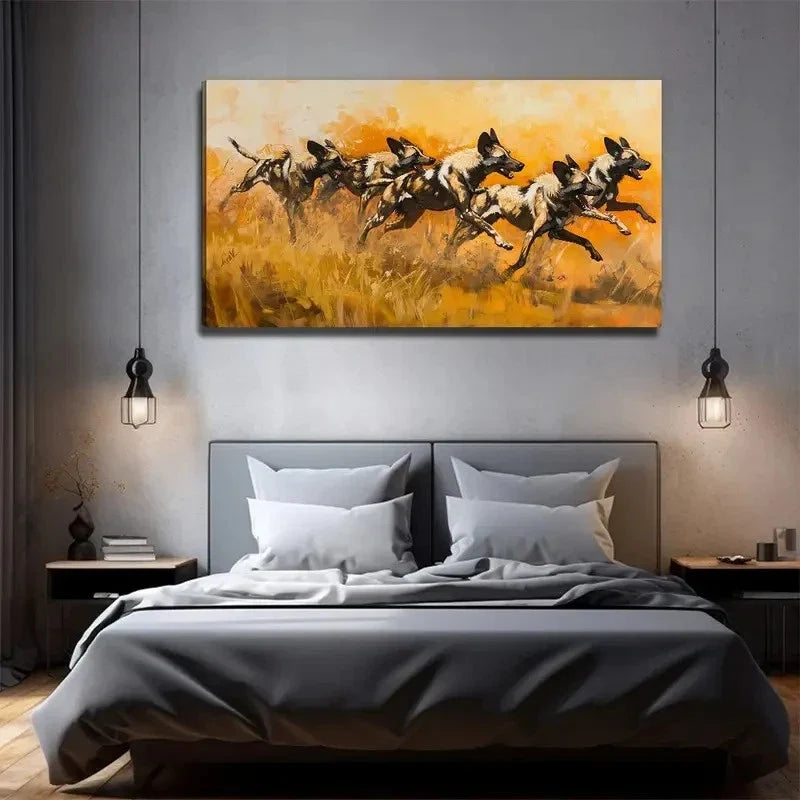 Running Wild Dogs In Golden Wall Art Canvas Office Home Room Framed 80x45cm