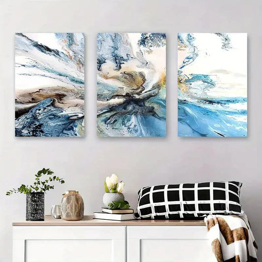 3pcs Blue and Beige Fluid Abstract Swirling Metal Print Ready to Hang Art
