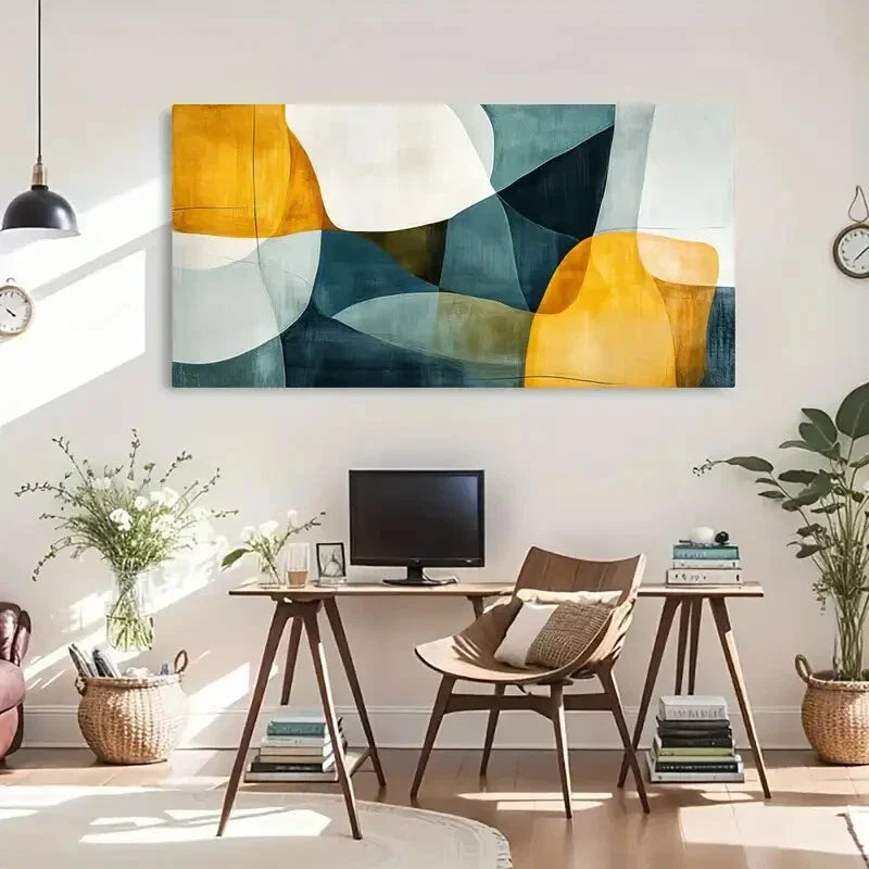 Bold Teal & Mustard Fluid Shape Wall Art Canvas Office Home Room Framed 80x45cm