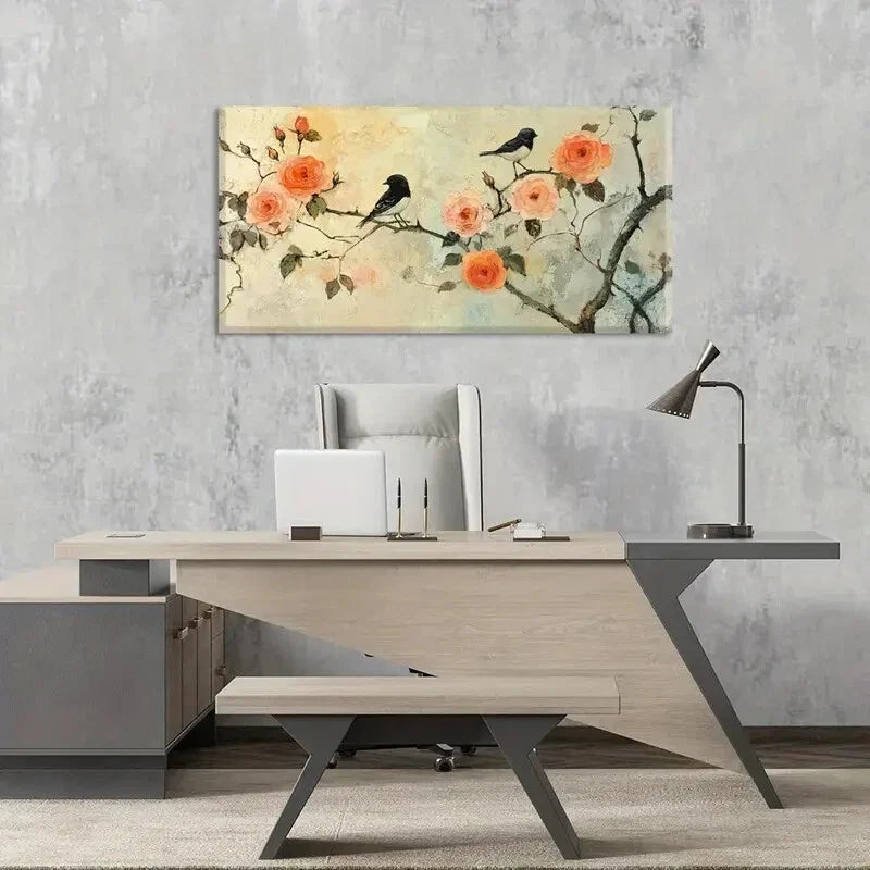 Roses & Birds Floral and Avian Wall Art Canvas Office Home Room Framed 120x60cm