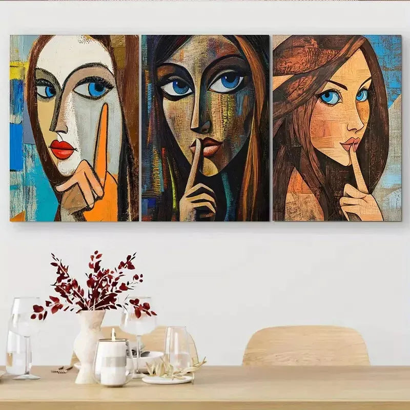3pcs Abstract Woman Portrait "Shh" Gesture    Wall Art Set Canvas Framed 40x60cm - High Quality Print 100% Australian Made Wall Canvas Ready to Hang