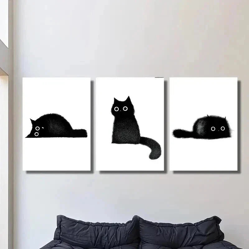 3pcs Black Little Coal Cat Illustration Wall Art Set Canvas Framed 40x60cm - High Quality Print 100% Australian Made Wall Canvas Ready to Hang