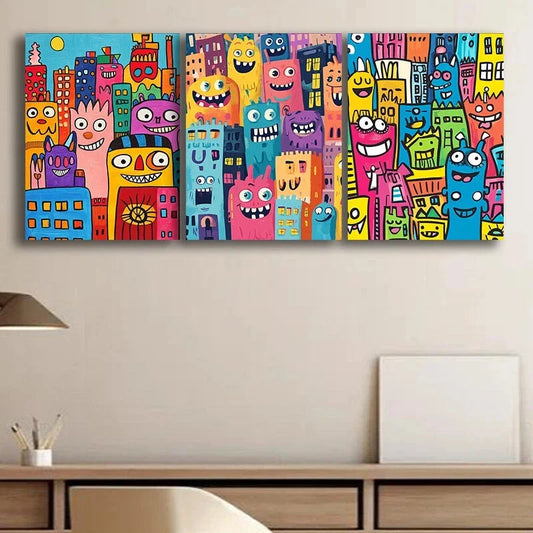 3pcs Abstract Cartoon Faces Colourful Metal Print Ready to Hang Art