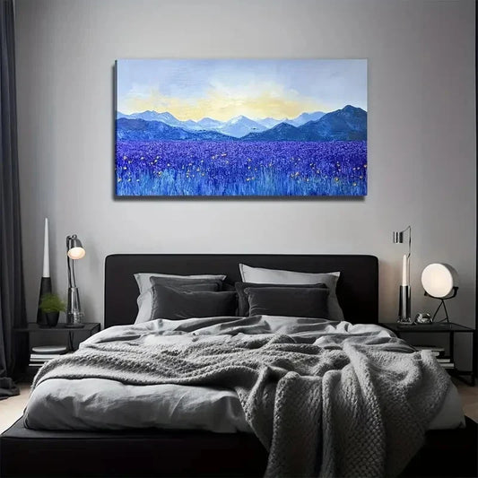 Purple Field Floral Painting Wall Art Canvas Office Home Room Framed 80x45cm
