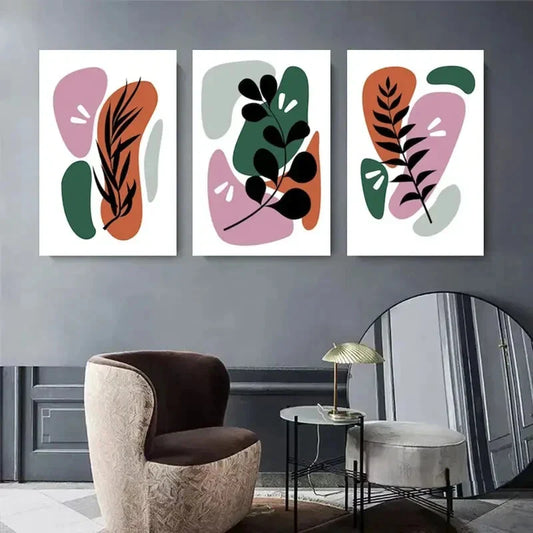 3pcs Abstract Green and Pink Leaf Metal Print Ready to Hang Art