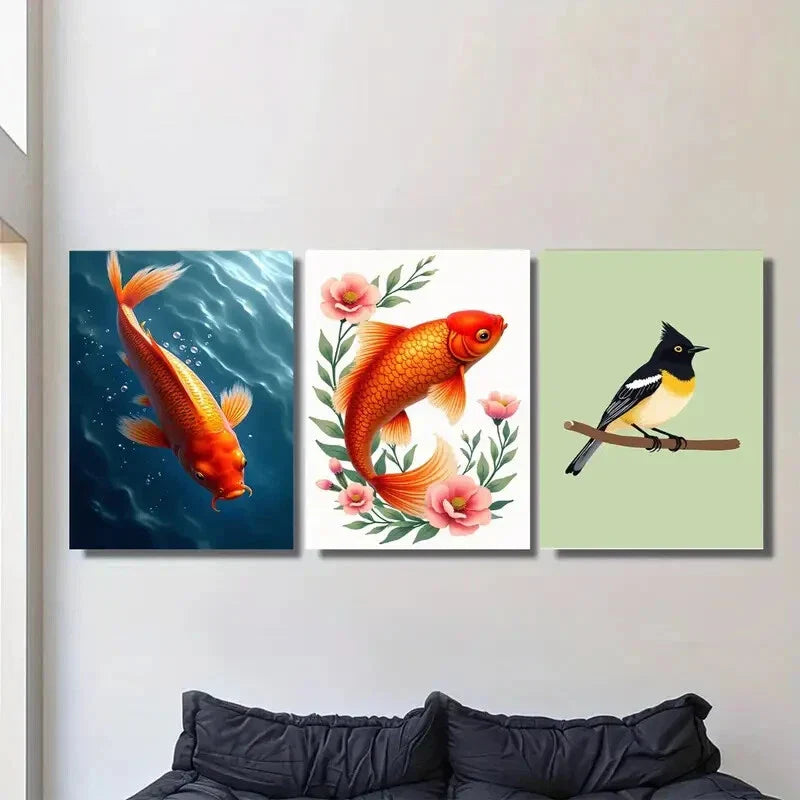 3pcs Floral & Bird Vibrant Orange Koi Metal Print Ready to Hang Art