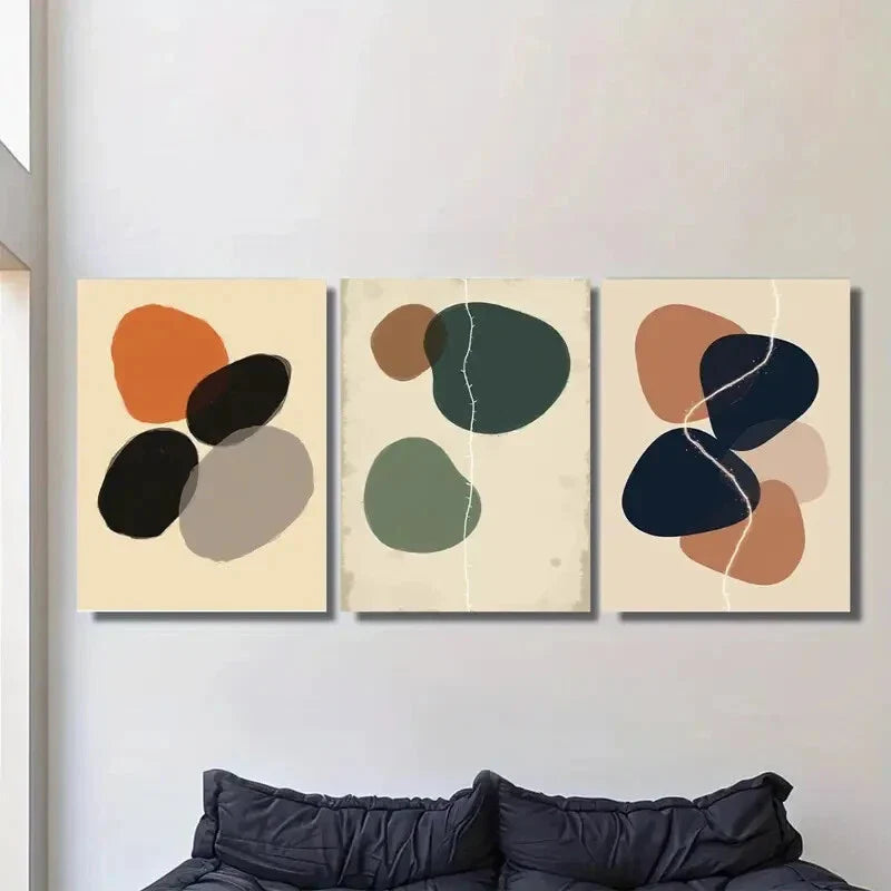 3pcs Vibrant Orange, Black, Beige & Green Metal Print Ready to Hang Art