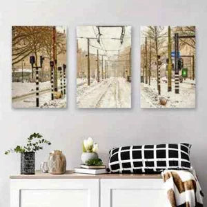 3pcs Snowy Winter Tramway Serene Urban Winter Metal Print Ready to Hang Art
