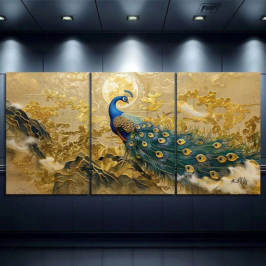3pcs Stunning Gold Modern Peacock Metal Print Ready to Hang Art