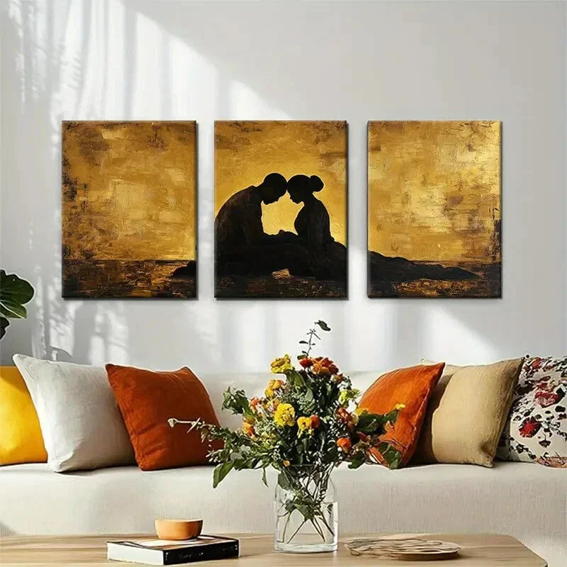 3pcs Golden Silhouette Love Romantic Perfect Wall Art Set Canvas Framed 40x60cm - High Quality Print 100% Australian Made Wall Canvas Ready to Hang