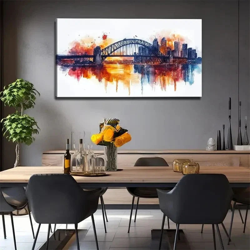 Watercolor Iron Bridge City Wall Art Canvas Office Home Room Framed 80x45cm