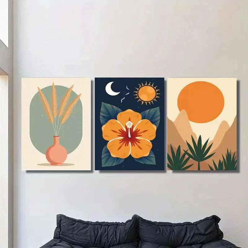 3pcs Modern Tropical Flower & Abstract Landscape Metal Print Ready to Hang Art