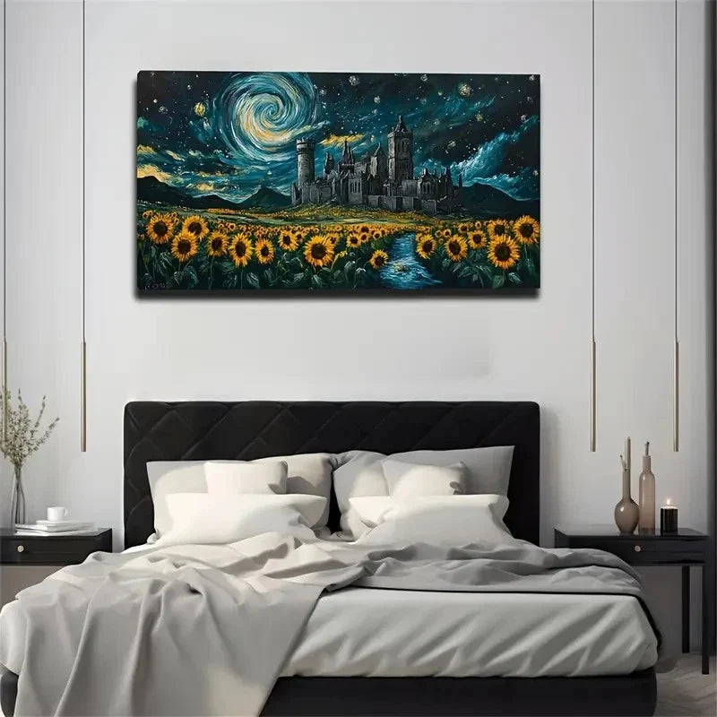 Starry Night Castle & Sunflower Wall Art Canvas Office Home Room Framed 120x60cm