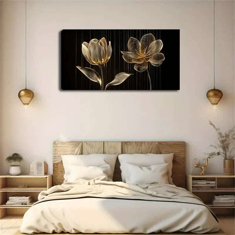 Modern Minimalist Golden Floral Wall Art Canvas Office Home Room Framed 80x45cm