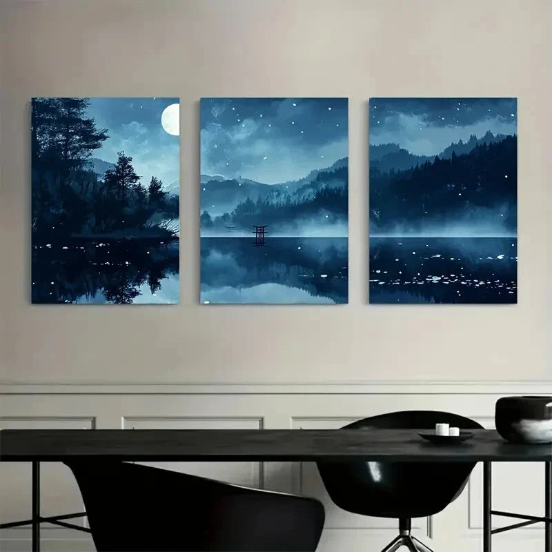 3pcs Moonlit Forest ,Tranquil Mountain Landscape Wall Art Set Canvas Framed 40x60cm - High Quality Print 100% Australian Made Wall Canvas Ready to Hang