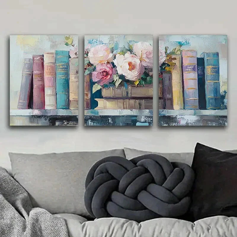 3pcs Books on the Shelf Rose Charm Perfect Wall Art Set Canvas Framed 40x60cm - High Quality Print 100% Australian Made Wall Canvas Ready to Hang